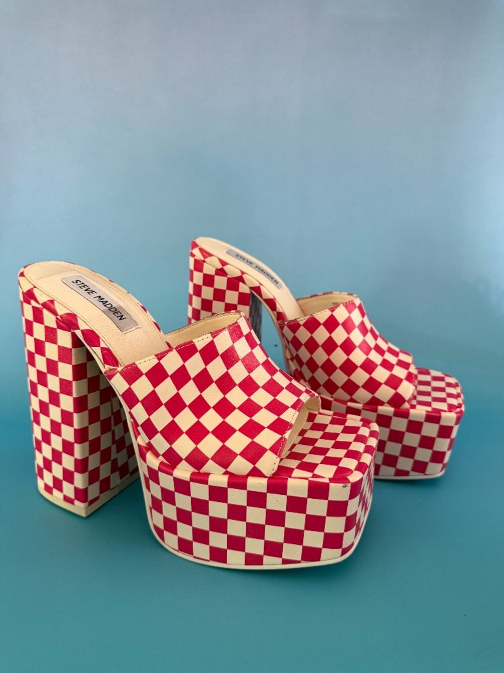 Steve Madden Checkerboard Platform Heel Mules Y2K Pink